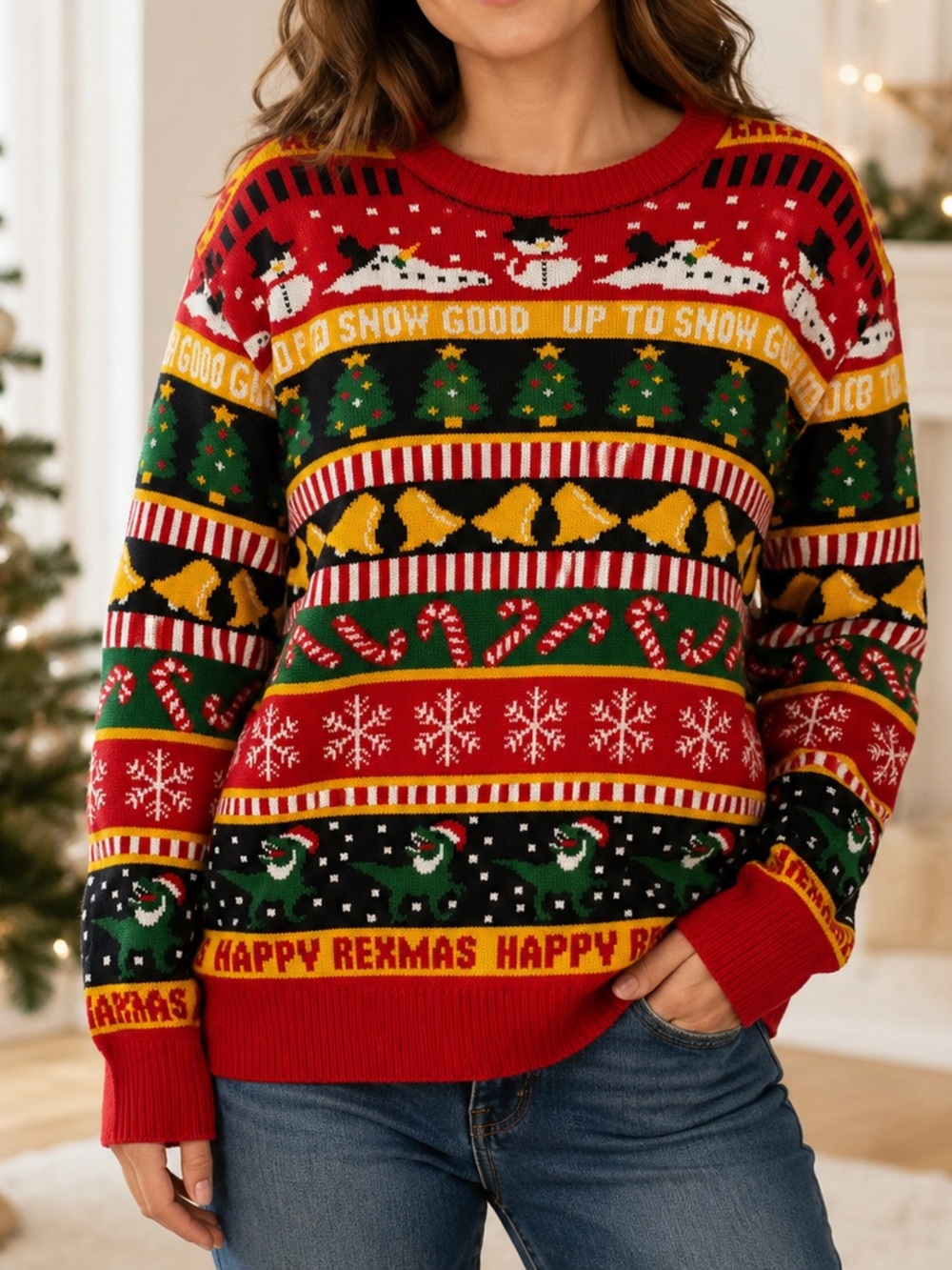 H&M Woman’s  Large Ugly Christmas Sweater Happy Rexmas Snow Good Holiday Novelty